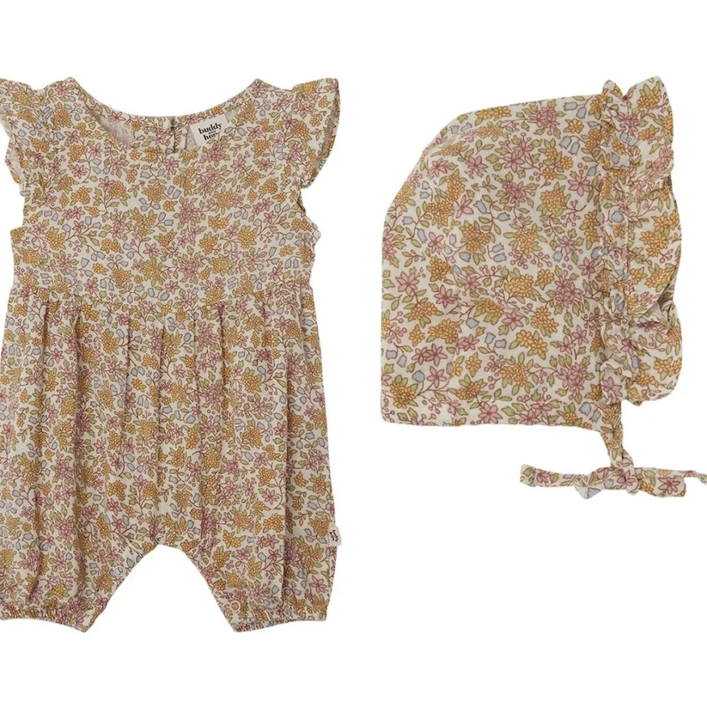 Best GOTS Sigrid Blommig Romper Med Solhatt Wildflowers Barn Outfits & Gåvoset