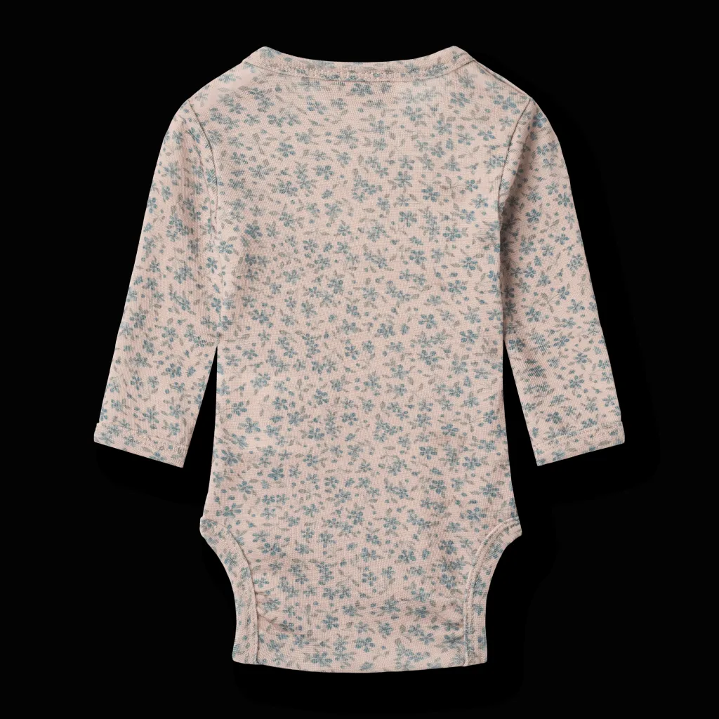 Discount Lucca Långärmad Ullbody Blue Flowers Barn Bodys & Bodysuits