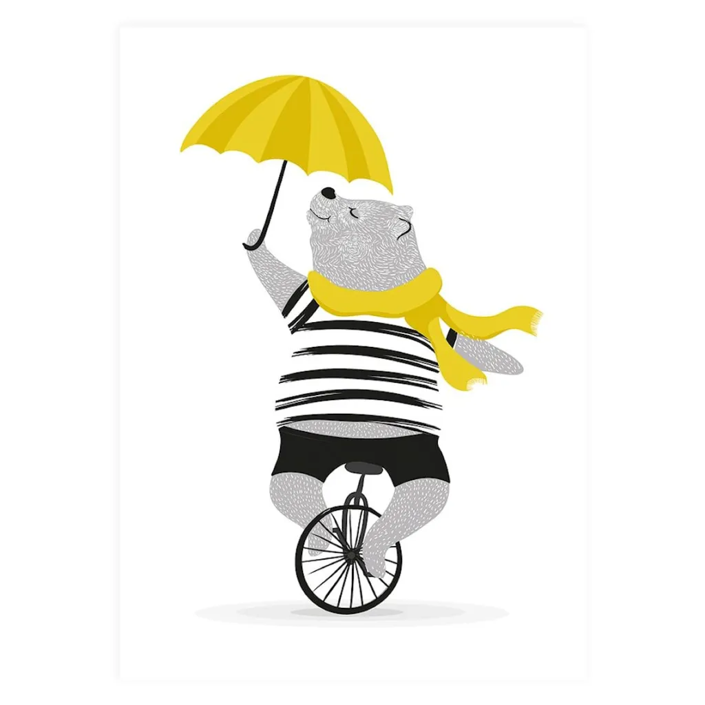 Online Mr Bear On Unicycle Poster Barn Barnrumsaccessoarer