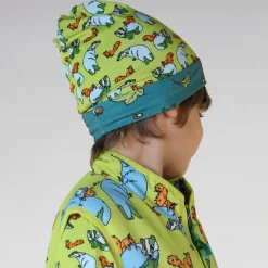 Online Reversible beanie with badger, fox and Fall leaves Pear Green Barn Accessoarer
