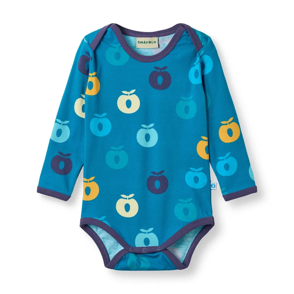 Hot Ulm Long-Sleeved Baby Body with Apples Solid blue Barn Bodys & Bodysuits