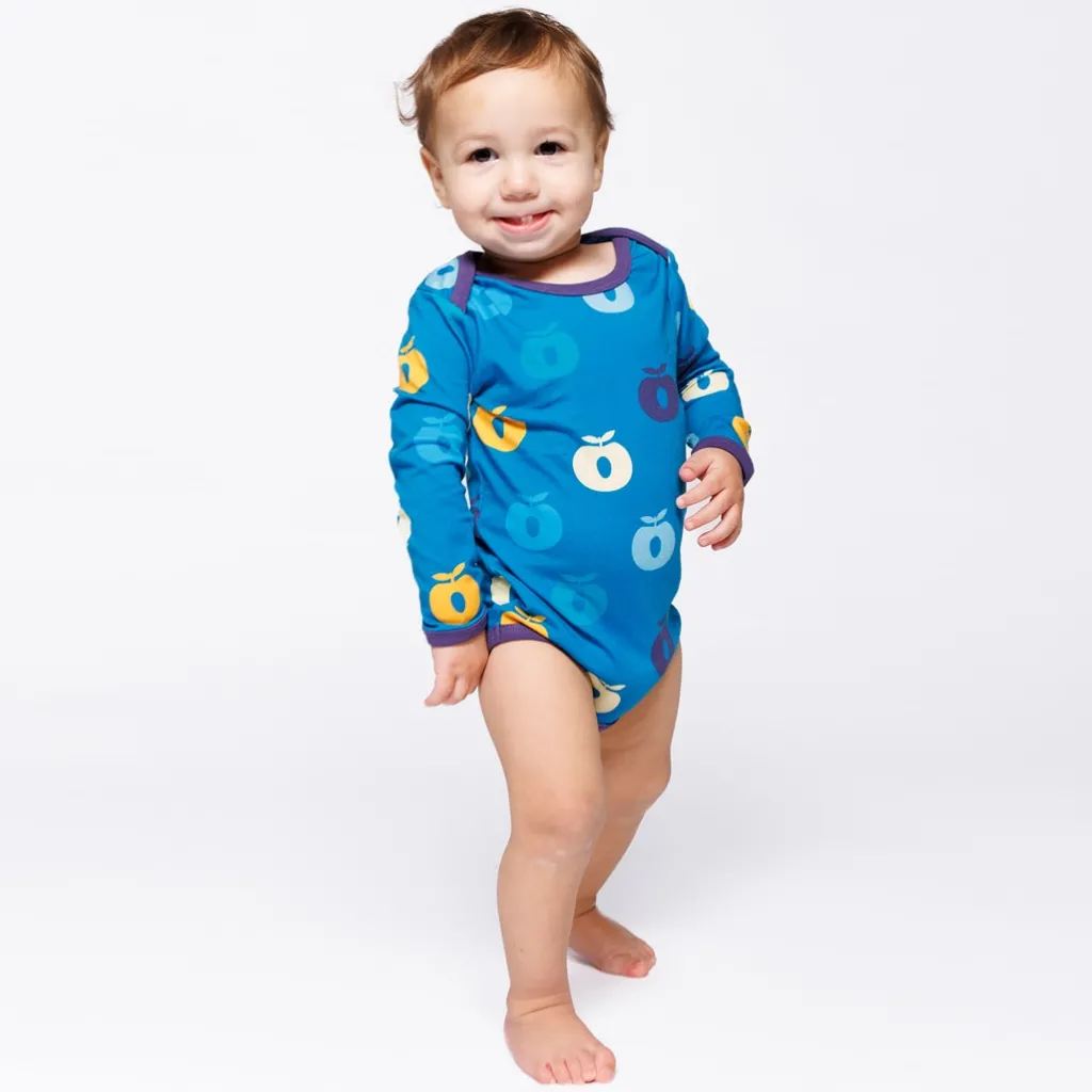Hot Ulm Long-Sleeved Baby Body with Apples Solid blue Barn Bodys & Bodysuits